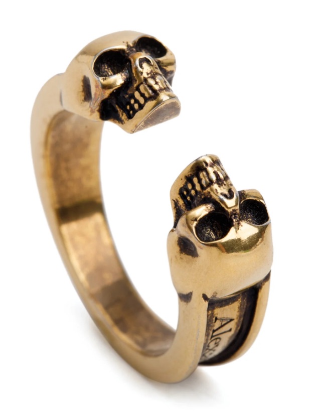 Alexander Mcqueen Twin Skull Ring In Antique Gold It21/Us L